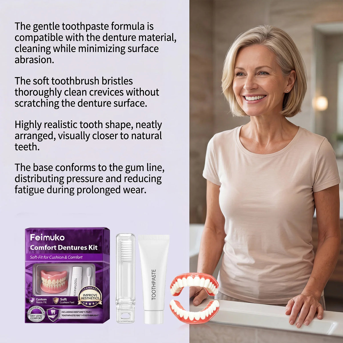 FEIMUKO Silicone Full Dentures Set – Instant Smile Upper & Lower Cosmetic Denture Set Qst