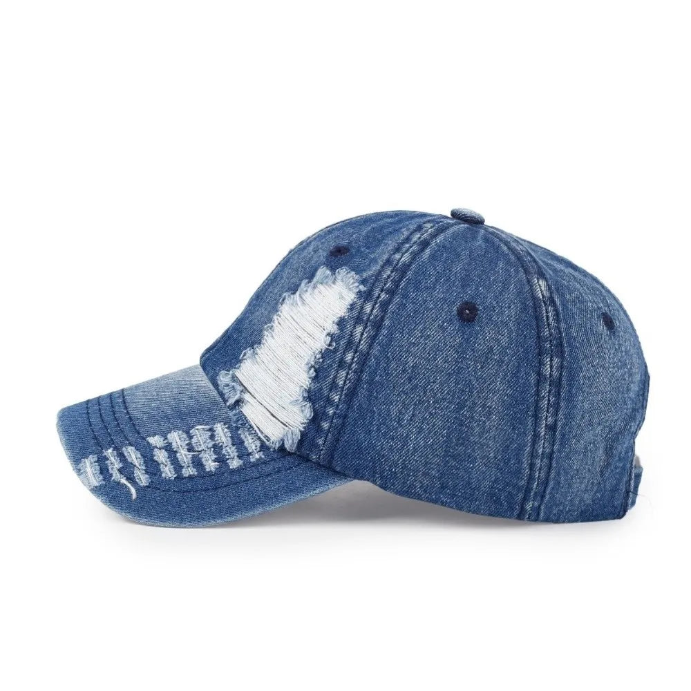 Retro Ripped Washed Denim Baseball Cap | Frayed Curved Brim Denim Baseball Cap Qme