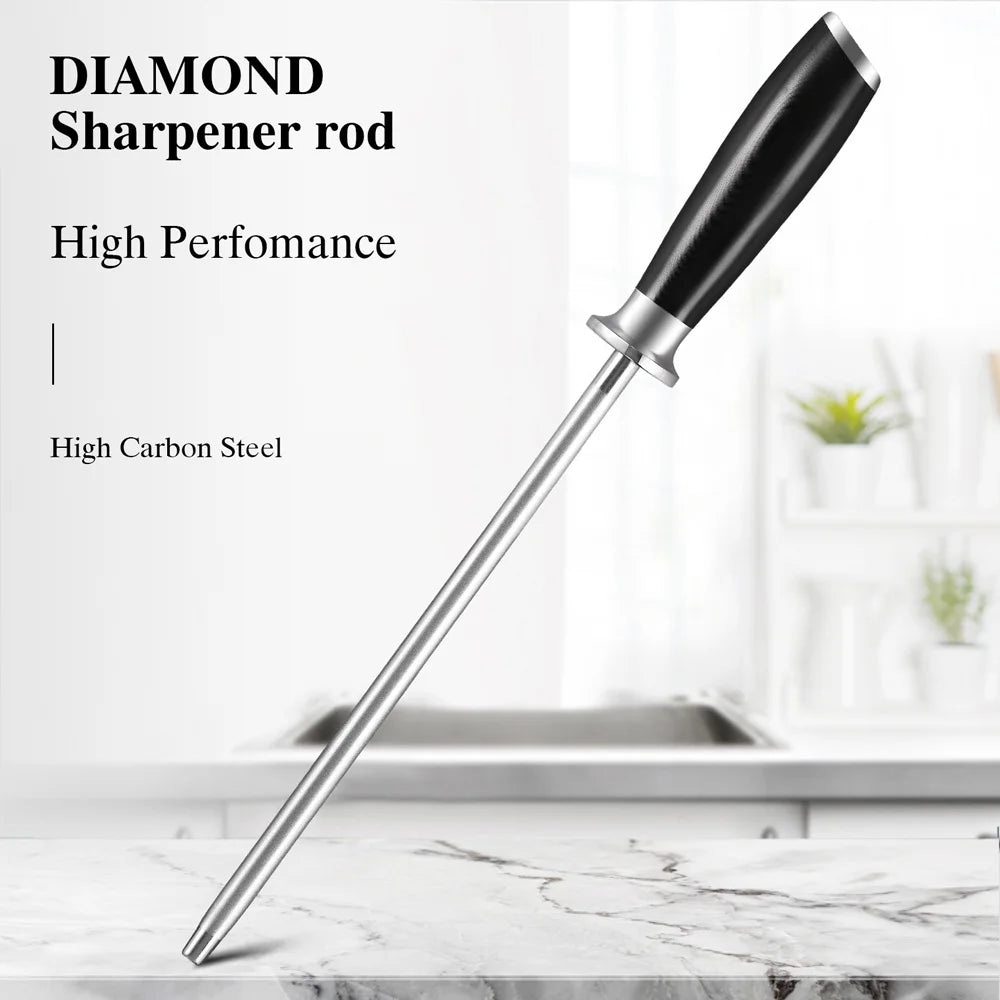 TURWHO 9" Diamond Honing Rod – Carbon Steel Knife Sharpener Knife Honing Rod Qst