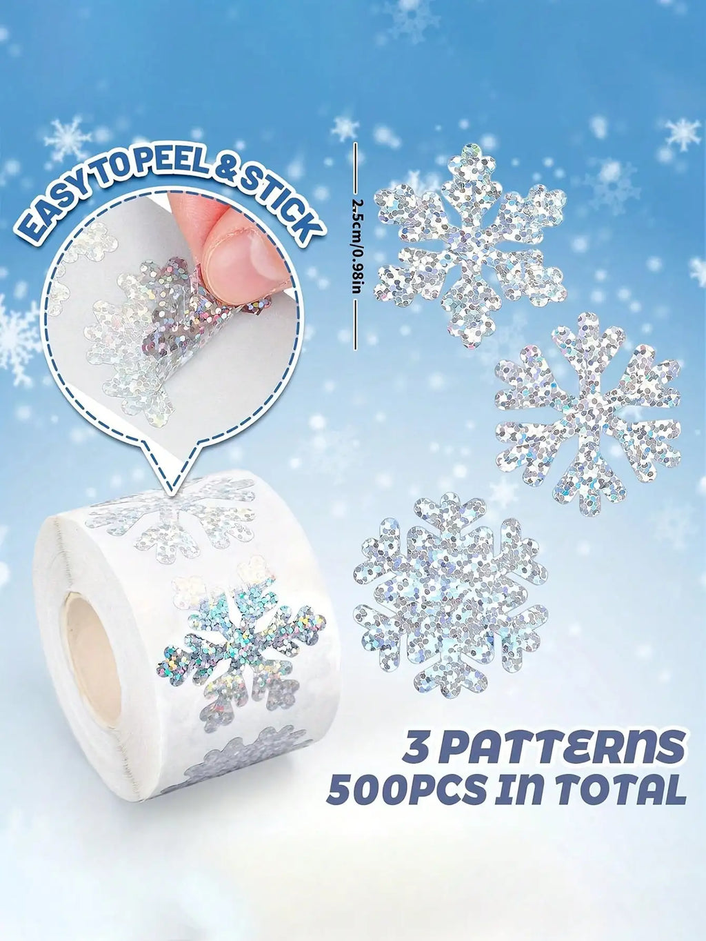 500 Waterproof Laser Snowflake Stickers Roll – Holiday Decor Decorative Sticker Roll Qme