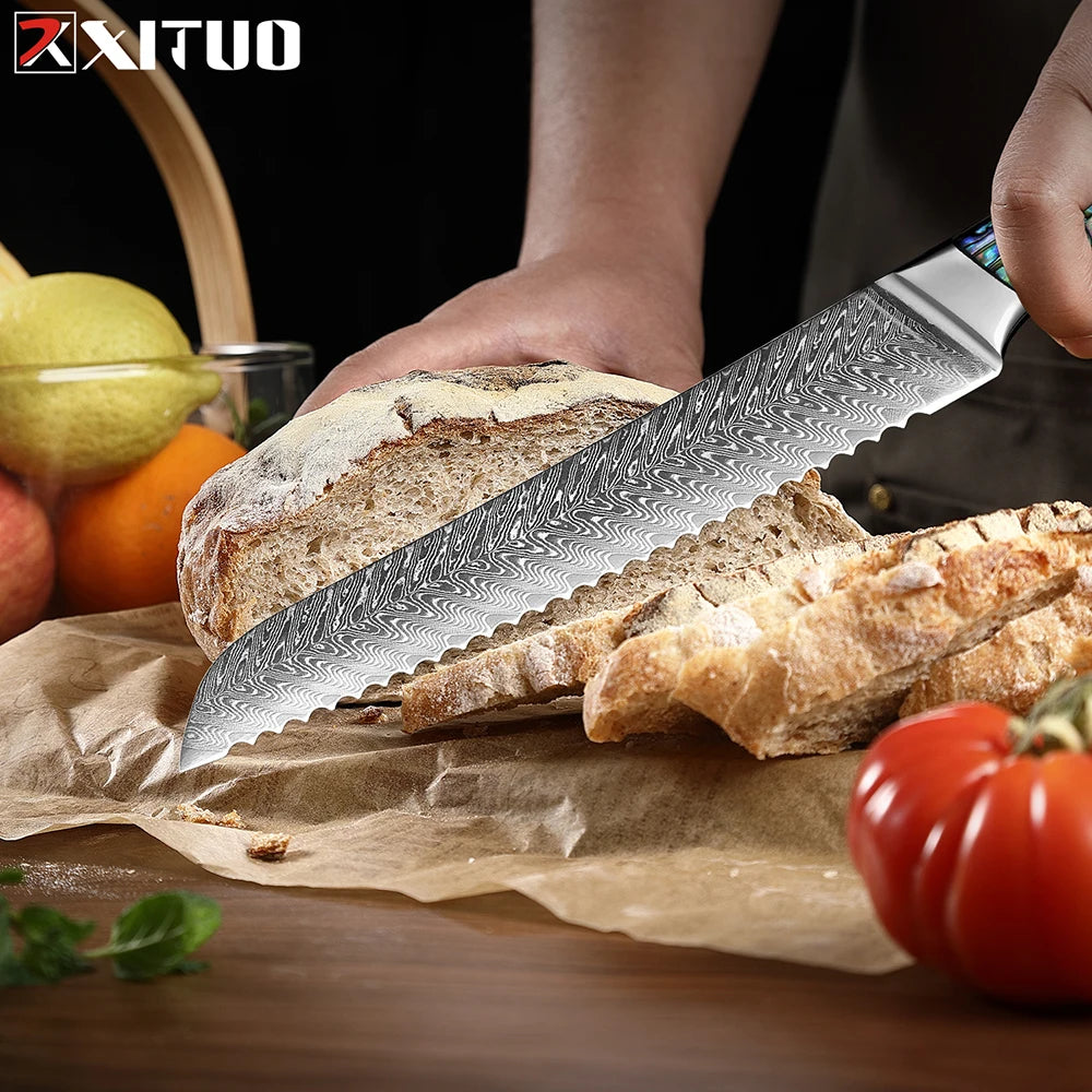 XITUO 8-Inch Damascus Steel Serrated Bread Knife | Bakers Serrated Bread Knife Qst