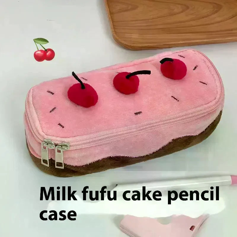 Kawaii Cherry Cake Plush Pencil Case – Large Capacity Fuzzy Kawaii Pencil Case Qme