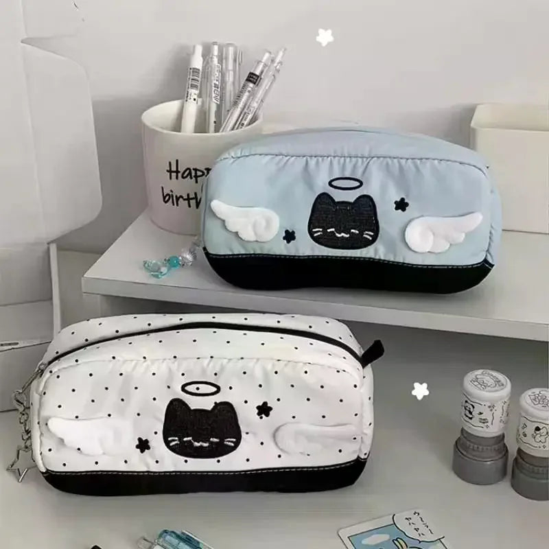 Cute Angel Cat Pencil Case – Student Stationery Storage Bag Pencil Case Qme