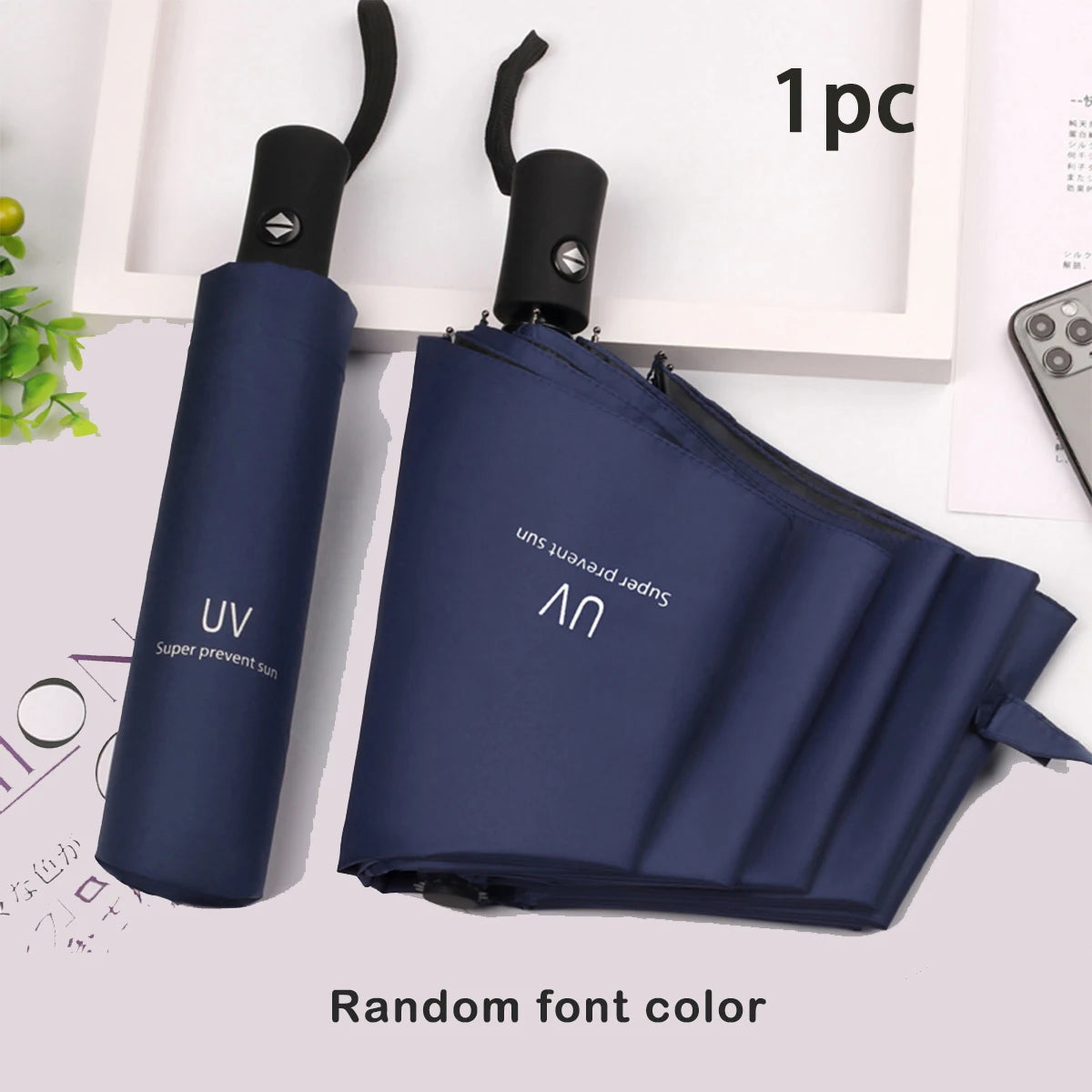 8-Rib Auto Folding Umbrella – One-Touch Open, Compact Design Compact Folding Umbrella Qst Blue