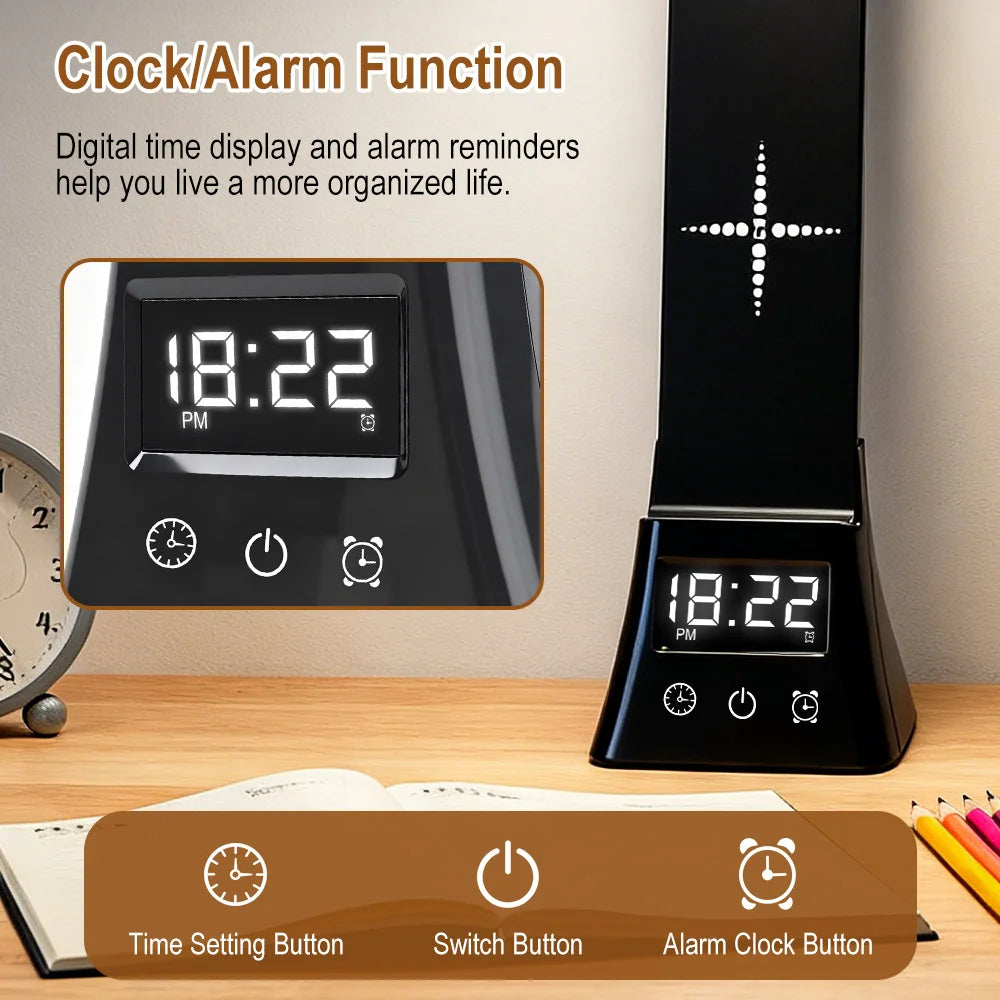 Wireless Charging LED Desk Lamp – Dimmable Clock & Alarm LED Desk Lamp Qst