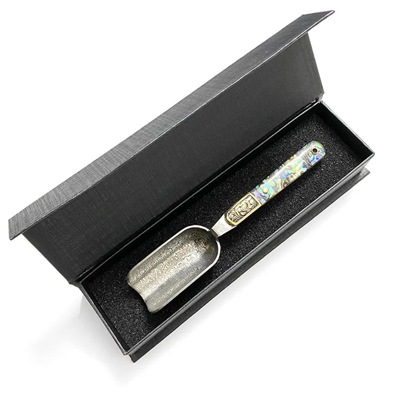 Damascus Steel Tea Knife & Scoop Set – Abalone Shell Handle Tea Ceremony Knife Set Qst A002