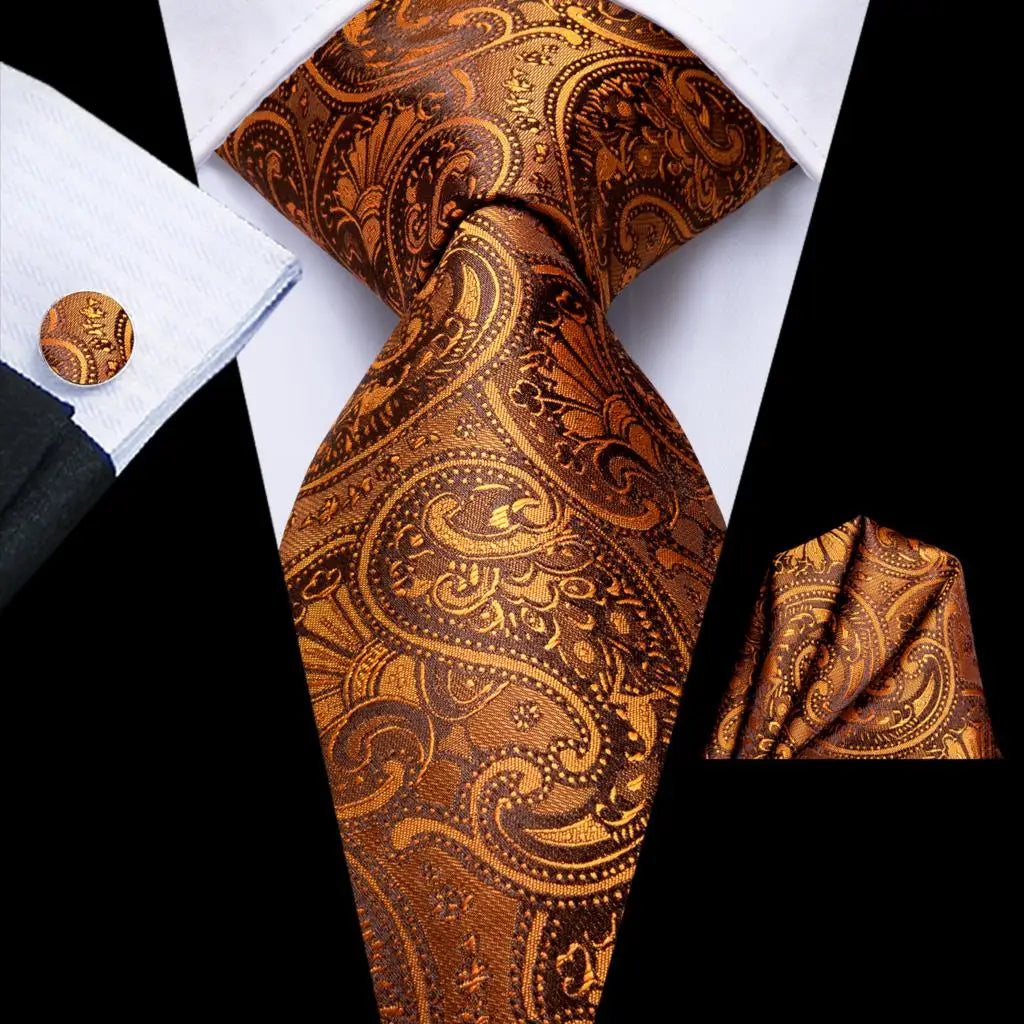 Hi-Tie Men's Orange Grey Paisley Silk Necktie Gift Set