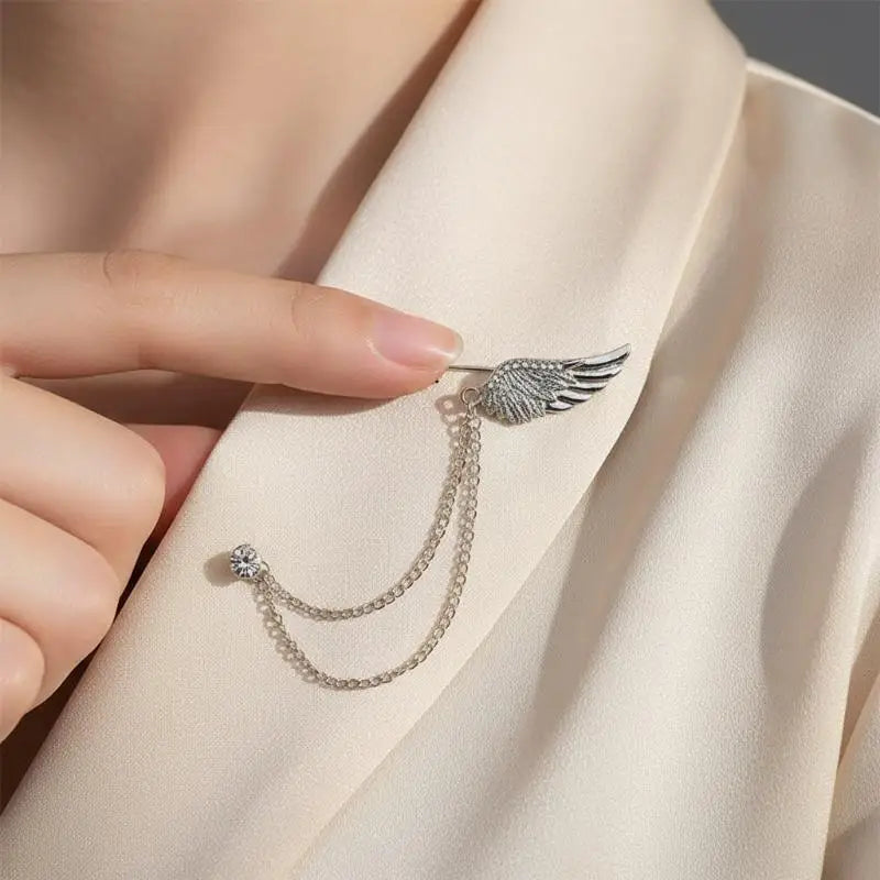 Angel Wings Tassel Chain Lapel Pin | Metal Feather Brooch Lapel Pin Brooch Qme