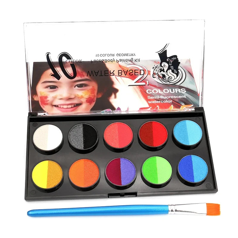 10-Grid Water-Soluble Face & Body Paint Crayons Set + Brush Face & Body Paint Set Qme