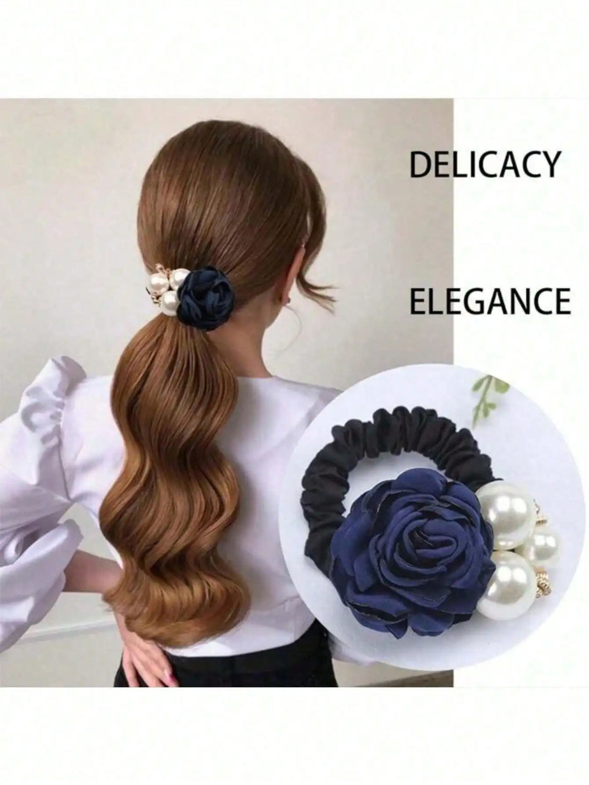 Pearl Camellia Flower Hair Rope Ring – Diamond Studded Floral Hair Rope Ring Qme black