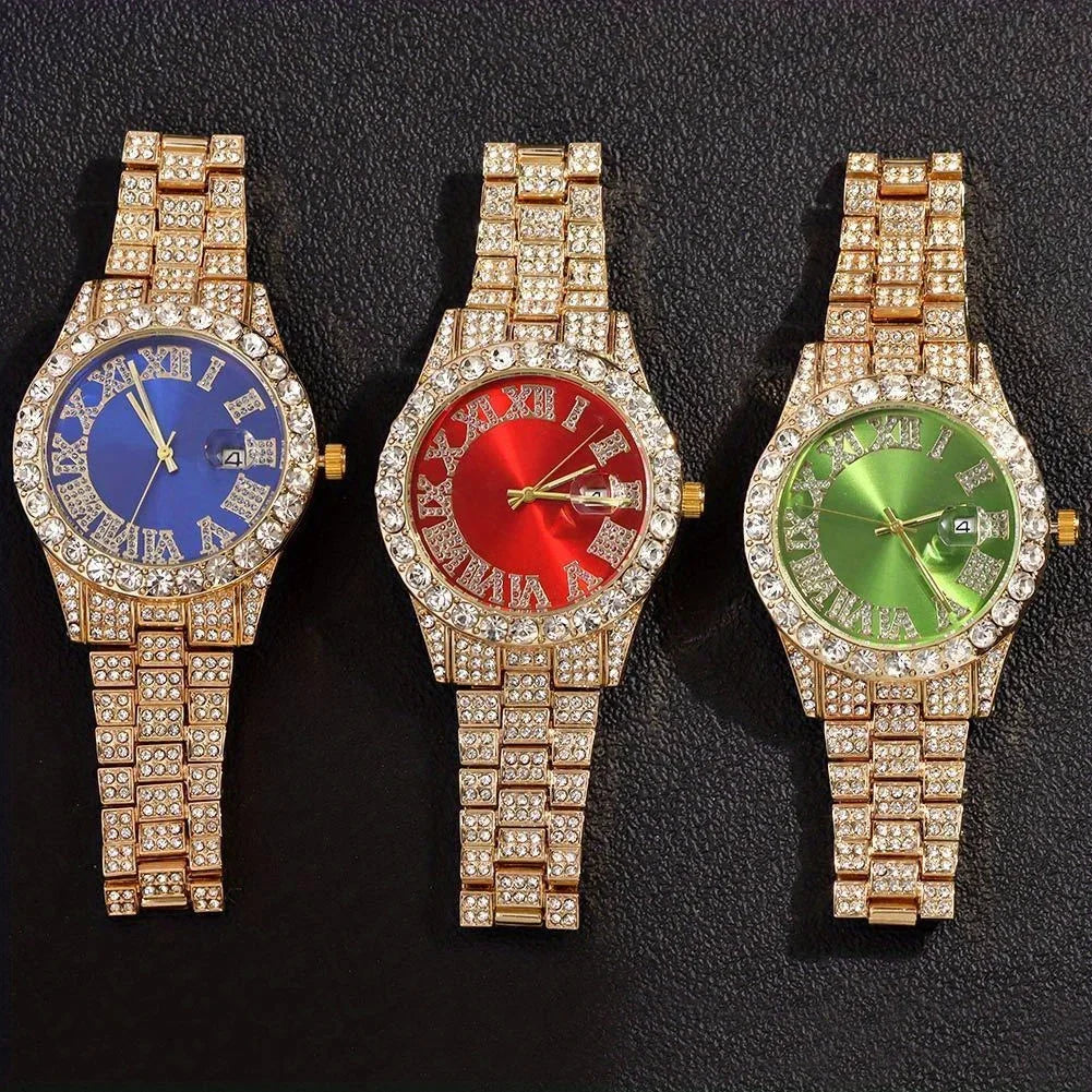 Rhinestone Hip Hop Cuban Chain Wrist Watch Set – 6 Colors Hip Hop Watch Set Qme