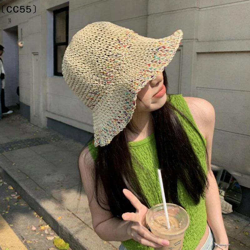Handwoven Rainbow Straw Hat – Women's Wide Brim Beach Cap Wide Brim Sun Hat Qst