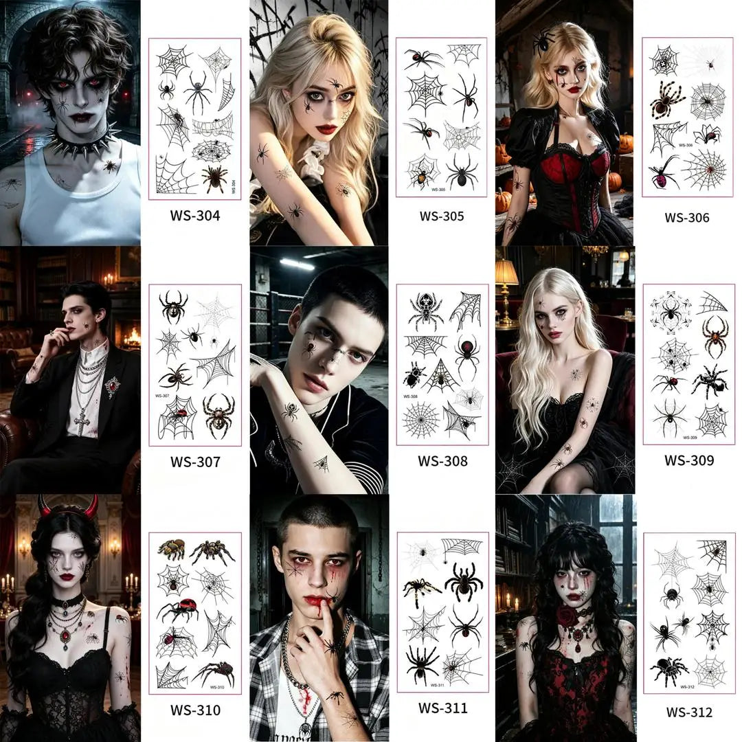 Halloween Face Tattoo Stickers – Waterproof Realistic Designs Halloween Tattoo Stickers Qme 9pcs Spider-WS