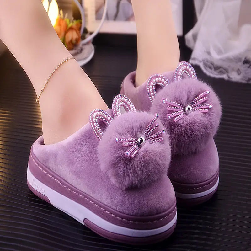 Women's Winter Plush Slippers – Crystal Rhinestone Indoor Women's Plush Slippers Qst WD-162B Purple CN40-41(Insole 25cm China Mainland