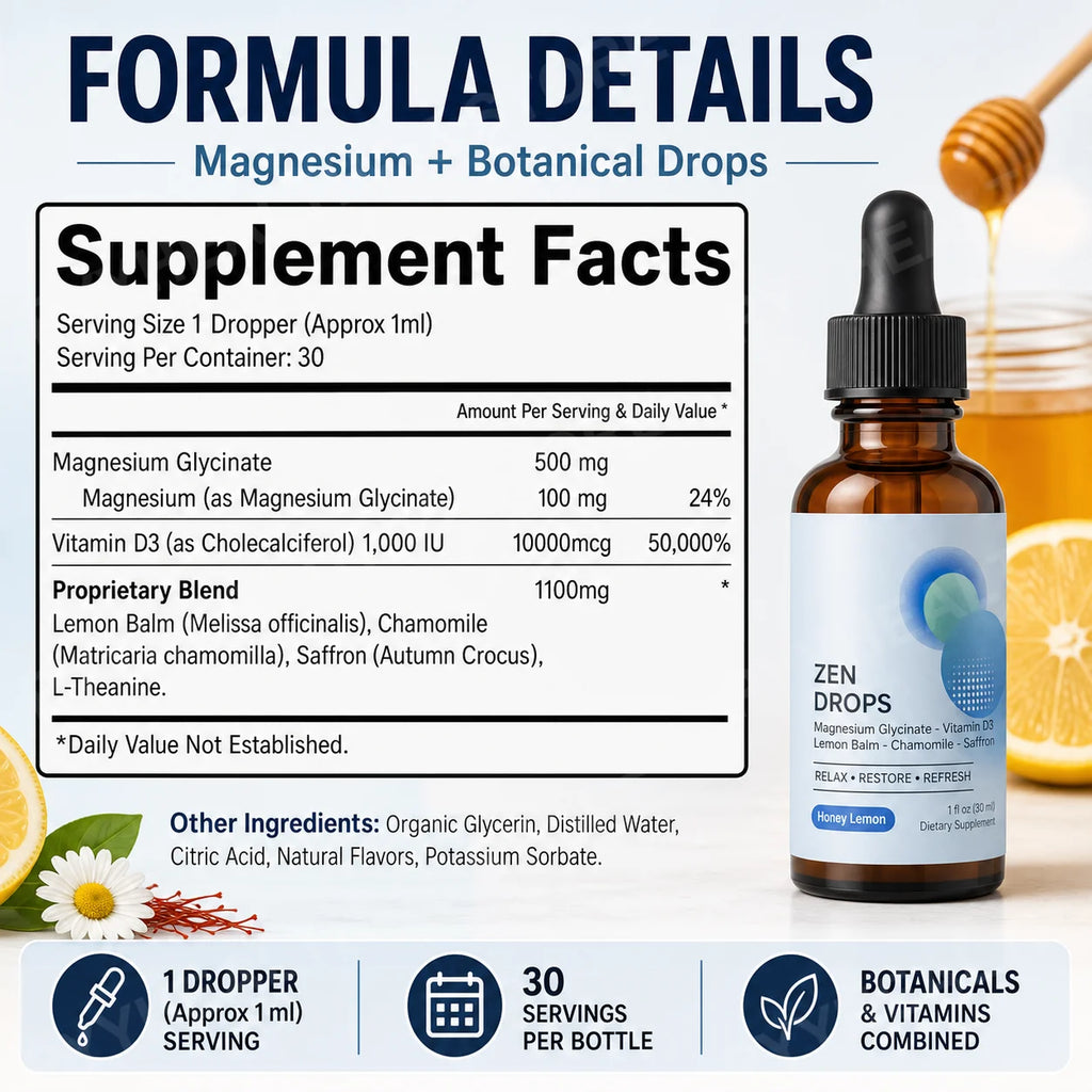 Magnesium Glycinate Liquid Drops – Vitamin D3, L-Theanine, Lemon Balm Liquid Supplement Drops Qst