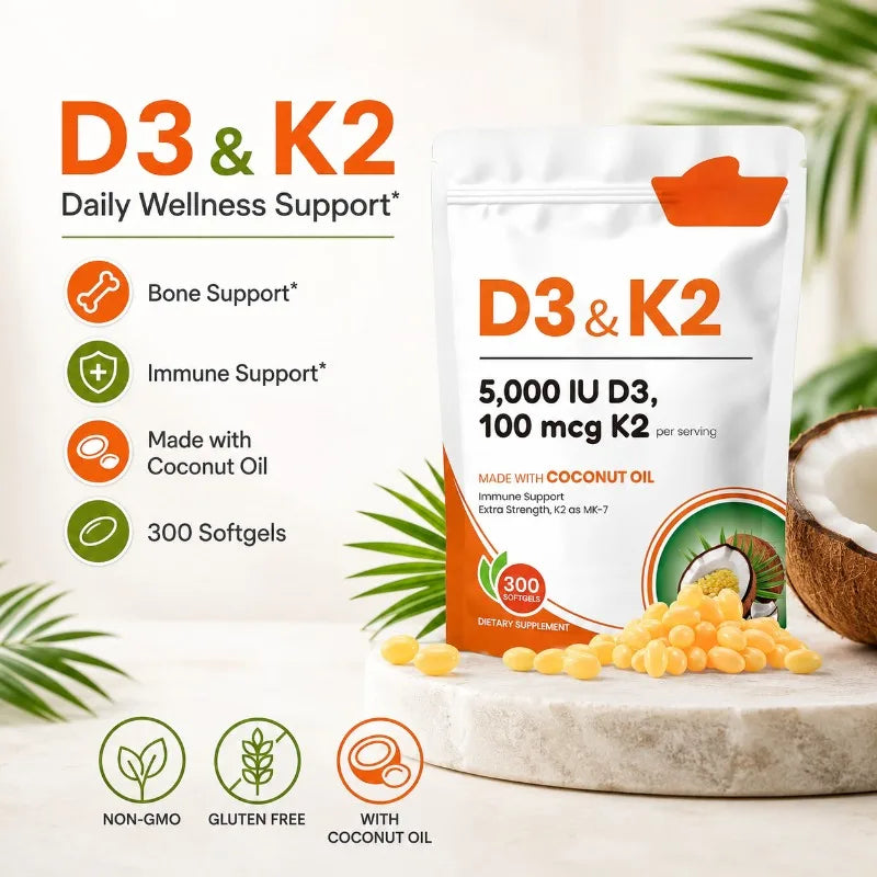 Vitamin D3 K2 Softgels 5000 IU MK-7 with Coconut Oil 300ct Vitamin Supplement Qst