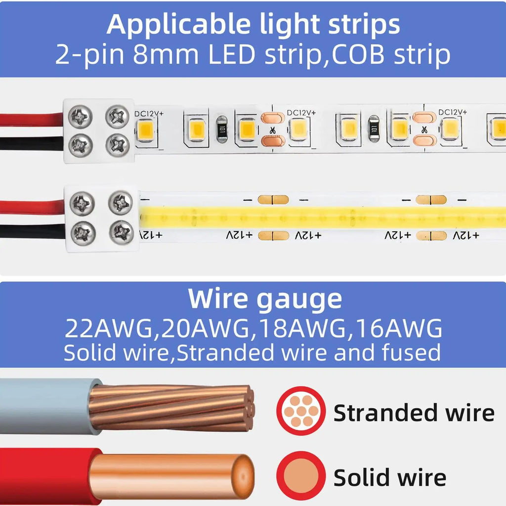 2-Pin Solderless LED Strip Connectors | 5V 12V 24V Multi-Wire LED Strip Connector Qme