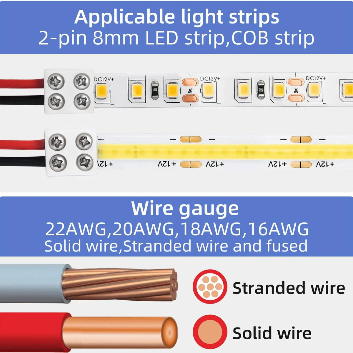 2-Pin Solderless LED Strip Connectors | 5V 12V 24V Multi-Wire LED Strip Connector Qme