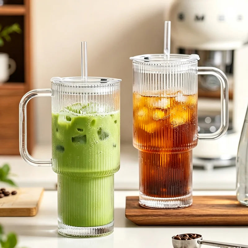 Striped Glass Tumbler with Handle, Lid & Straw – 600ml Clear Glass Tumbler Qme