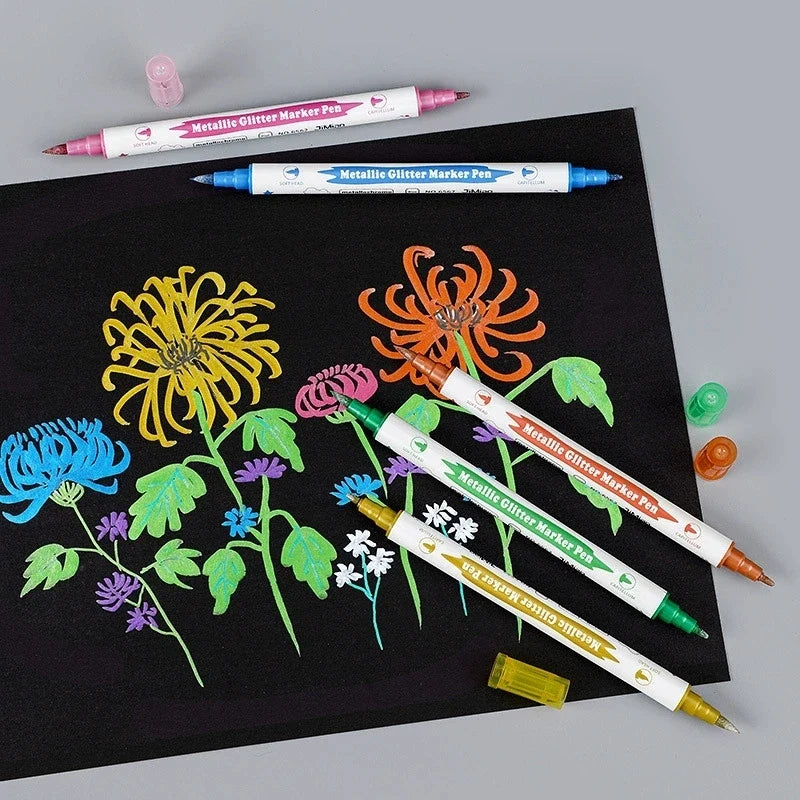 Metallic Glitter Dual Tip Marker Pens – Brush & Fine Nib Dual Tip Art Markers Qme