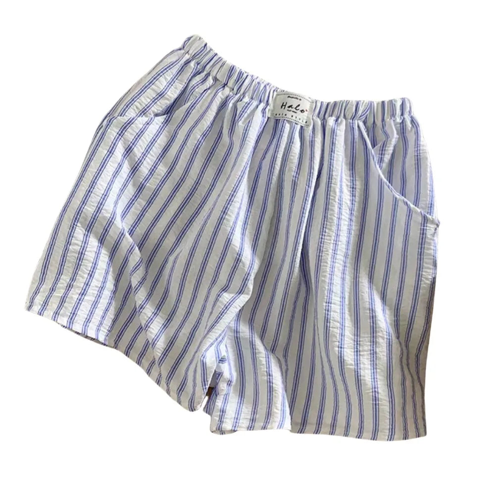 Women's Baggy Striped Casual Shorts – Spring Summer Style Women's Casual Shorts Qme Blue-White One Size