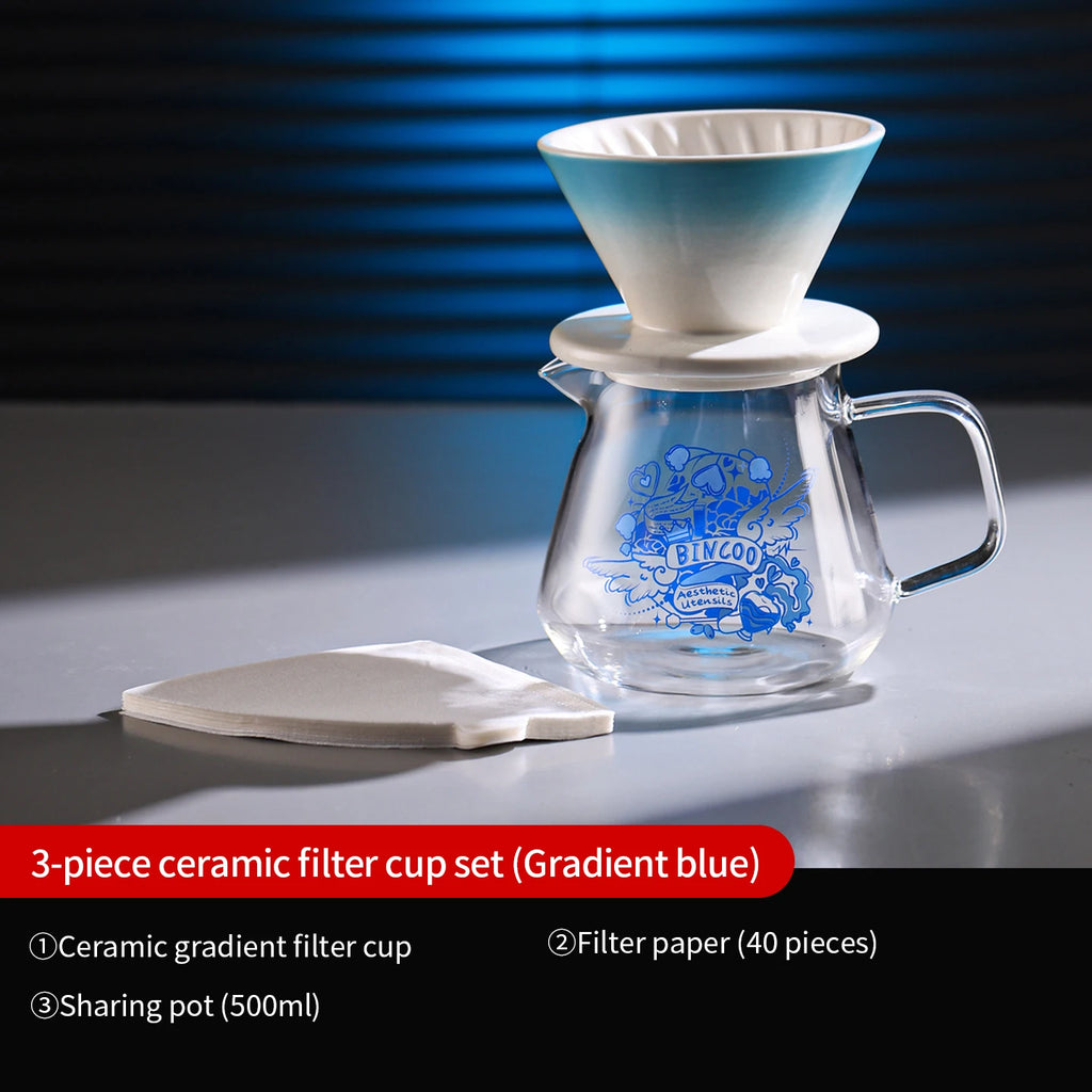 Bincoo Ceramic Pour Over Coffee Set – Dripper & Carafe Pour Over Coffee Set Qst Blue 3pcs