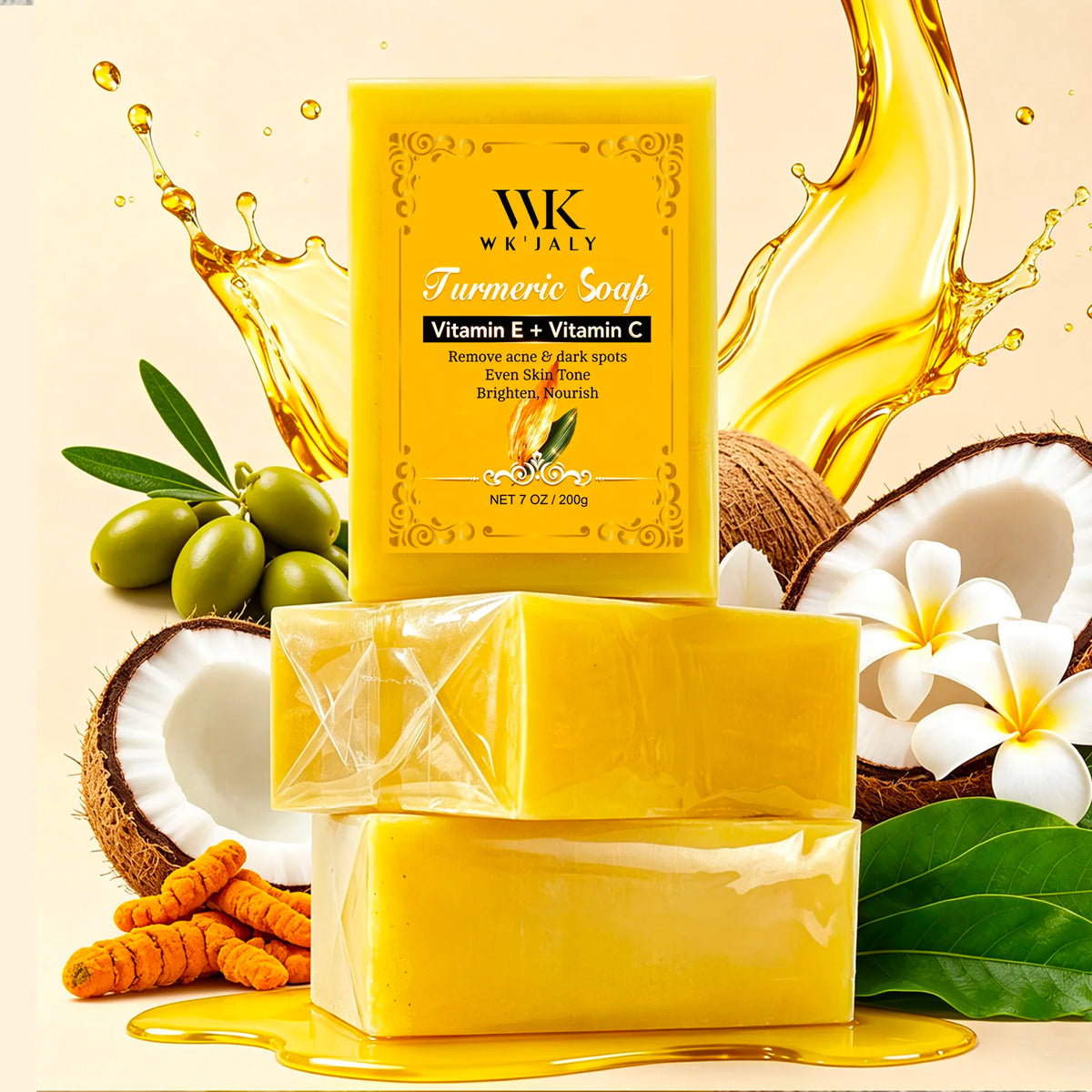WK'JALY Turmeric Glow Soap with Vitamin C – 200g Bar Brightening Bar Soap Qst Pack of 3