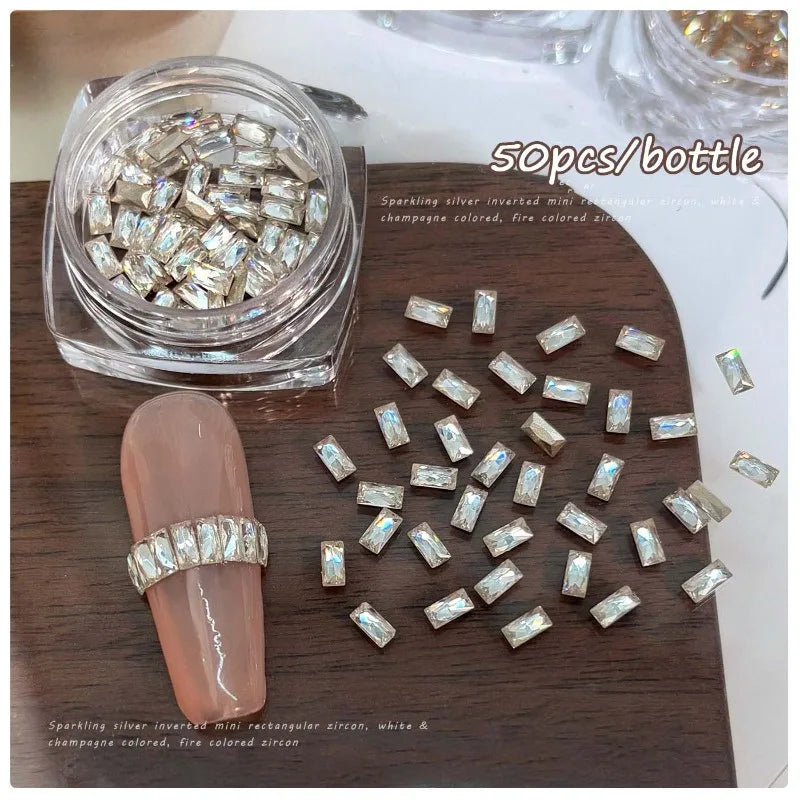50pcs Zircon Nail Rhinestones 2x4mm Strip – Clear & Champagne Nail Art Rhinestones Qme