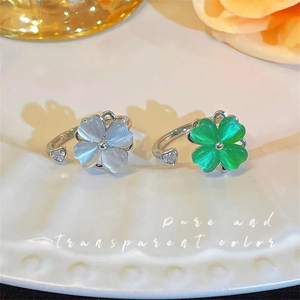 Purple Four Leaf Zircon Flower Adjustable Ring for Women Fashion Ring Qme