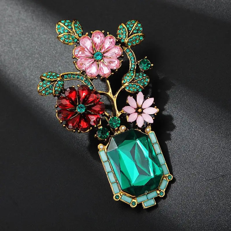 Vintage Emerald Crystal Flower Vase Brooch | Rhinestone Pin Crystal Lapel Brooch Qme