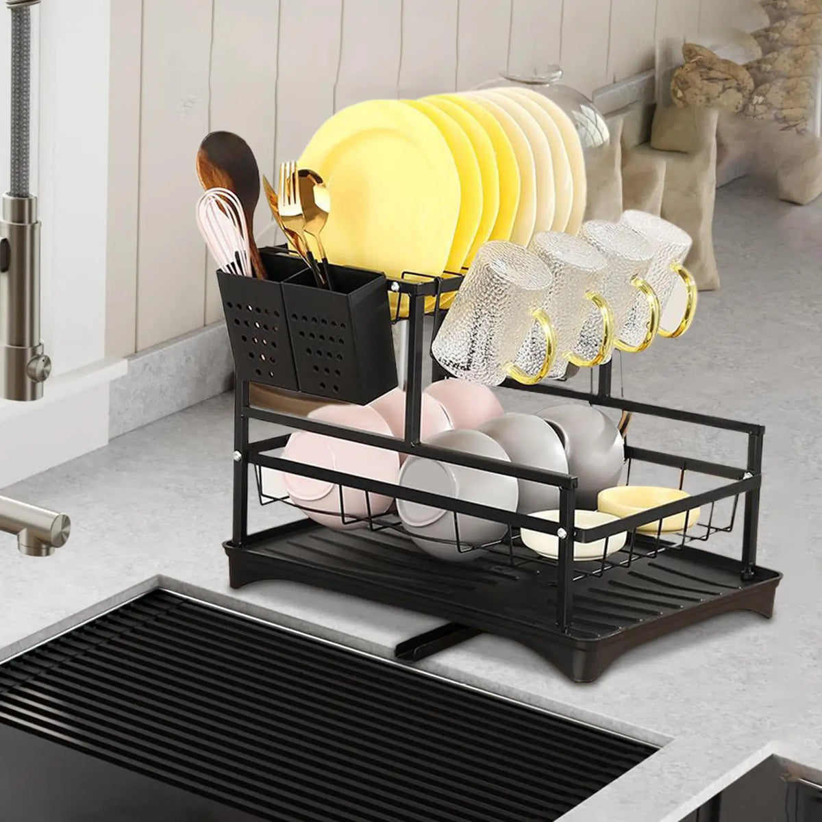 2-Tier Dish Drying Rack | Plate & Pot Lid Drainer Organizer Dish Drying Rack Qme