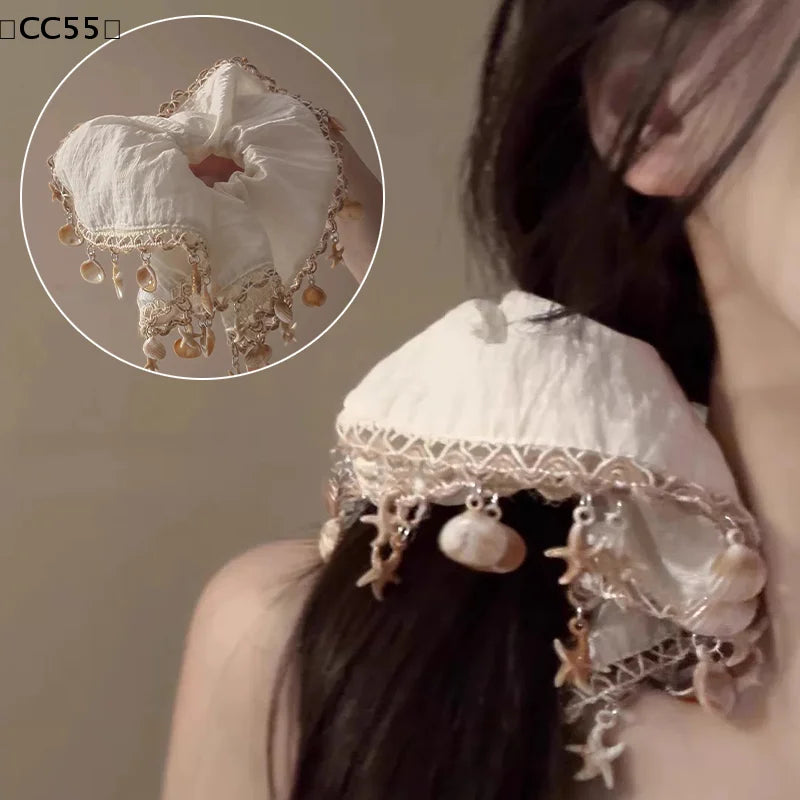Seashell Tassel Scarf Hair Tie – Bohemian Beach Style Scarf Hair Tie Qst