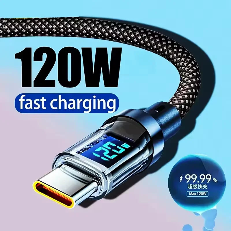 120W USB-C Fast Charging Cable with LED Display | Nylon Braided USB Charging Cable Qme