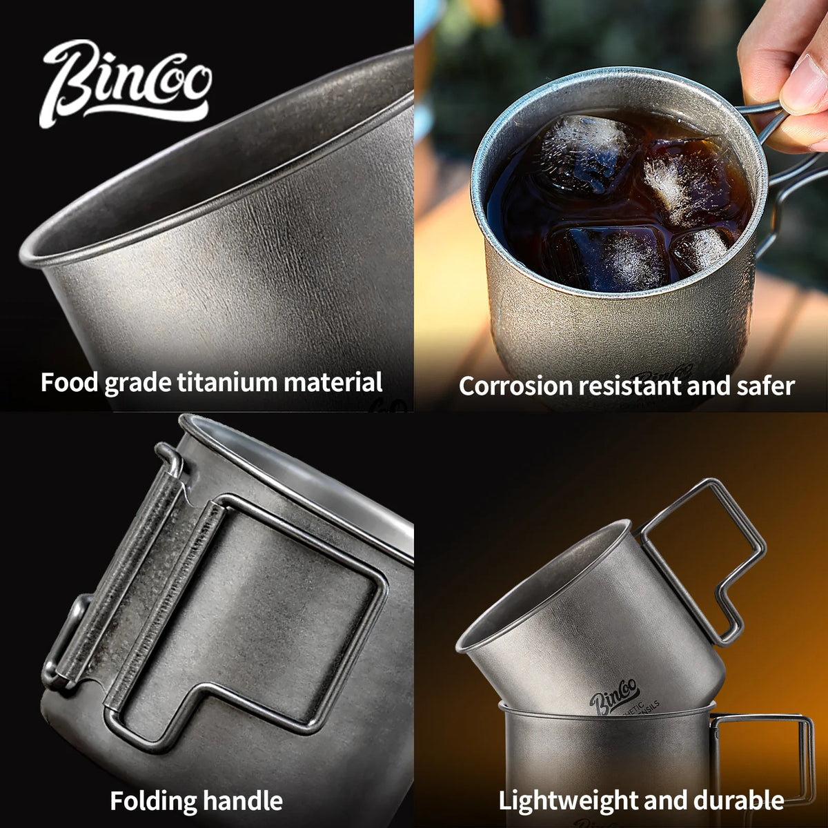 Bincoo Pure Titanium Folding Handle Mug – Camping Coffee Cup Titanium Camping Mug Qst