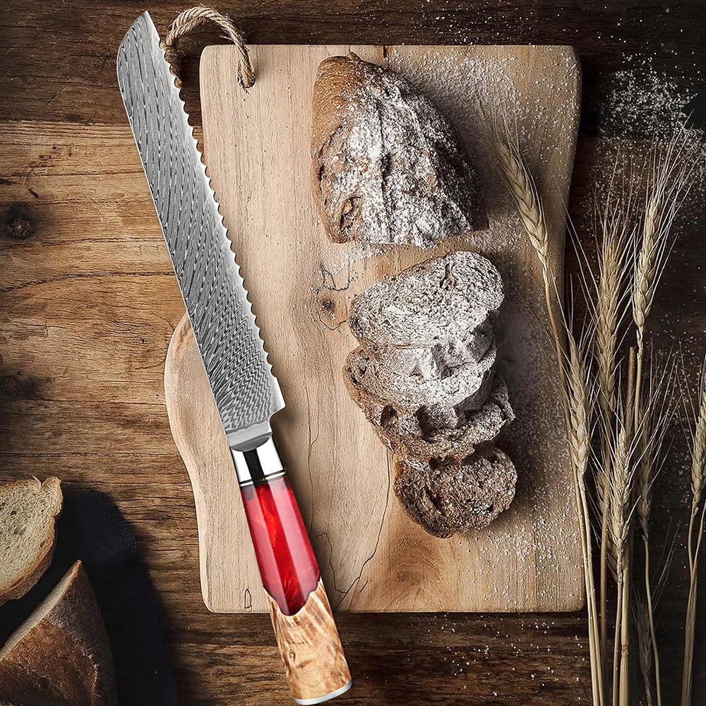 XITUO 8-Inch Damascus Steel Serrated Bread Knife | Ergonomic Serrated Bread Knife Qst