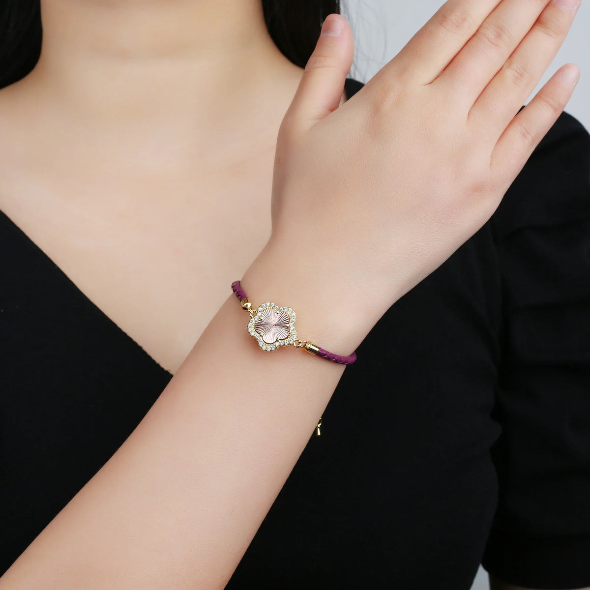 Zirconia Flower Leather Braided Bracelet for Women | 39 Colors Fashion Bracelet Qme