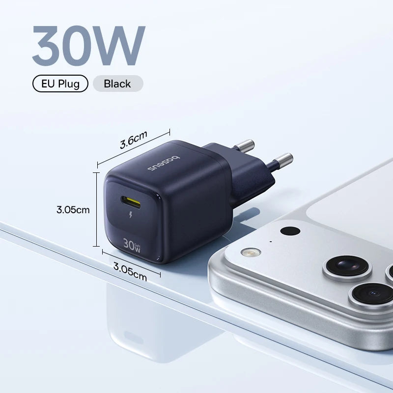 Baseus 30W GaN USB-C Fast Charger PD3.0 QC3.0 for iPhone GaN Wall Charger Qst EU Plug Black