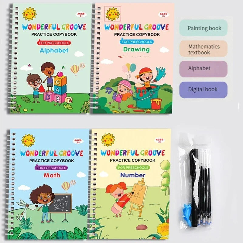 Reusable Disappearing Ink Copybook 4-Pack | Preschool Writing Kids Writing Practice Set Qme