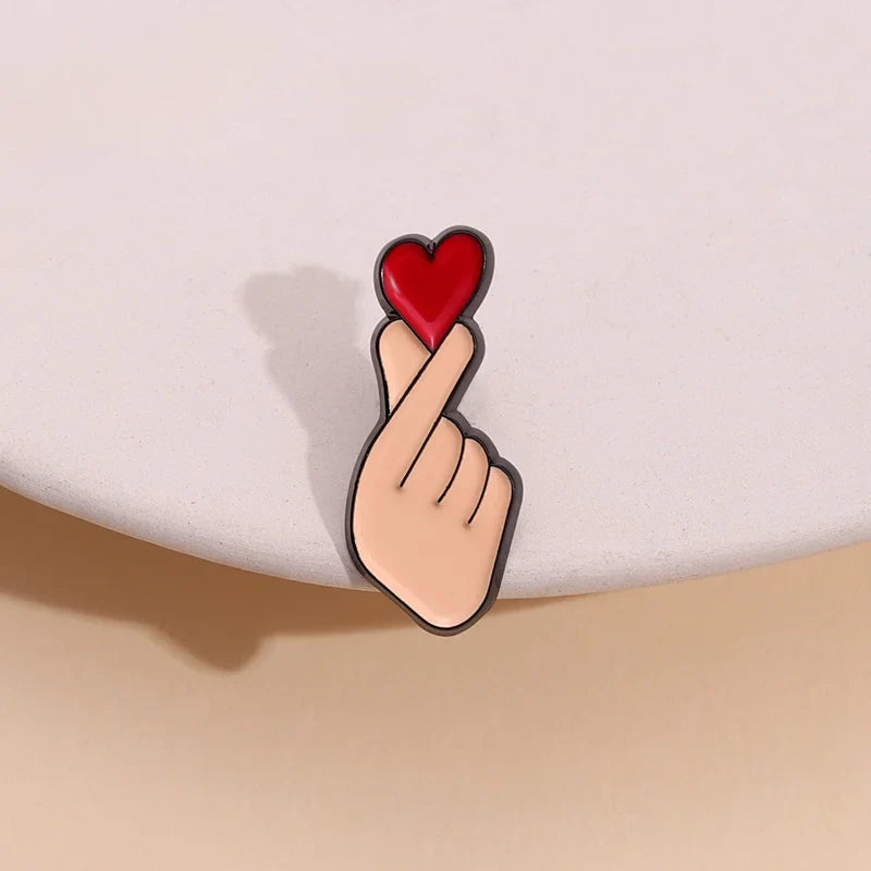 Cartoon Heart Gesture Enamel Pin – Cute Lapel Badge Enamel Lapel Pin Qme