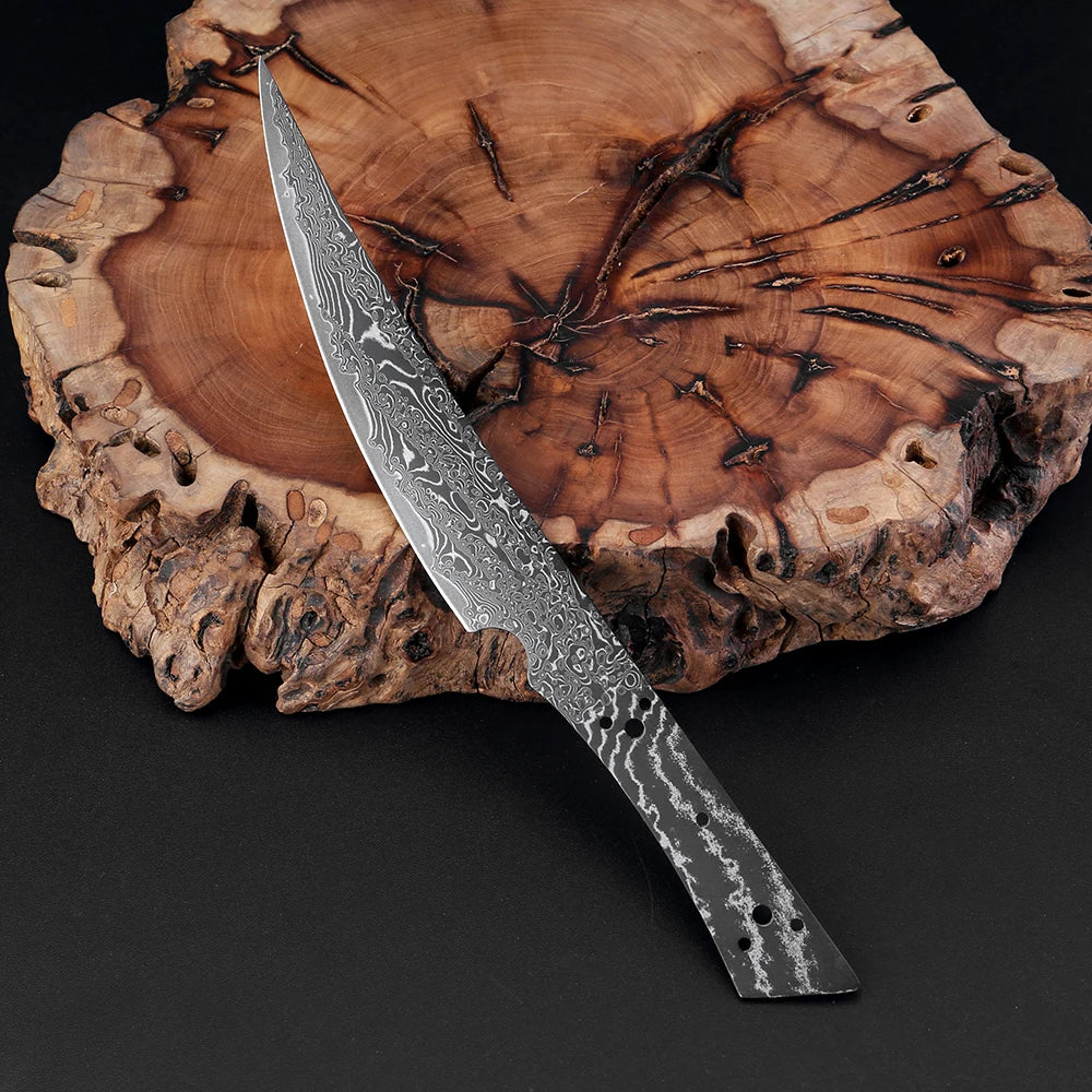 Damascus Steel Knife Blank – Curved Edge, Heat Treated, Full Tang Knife Blade Blank Qst