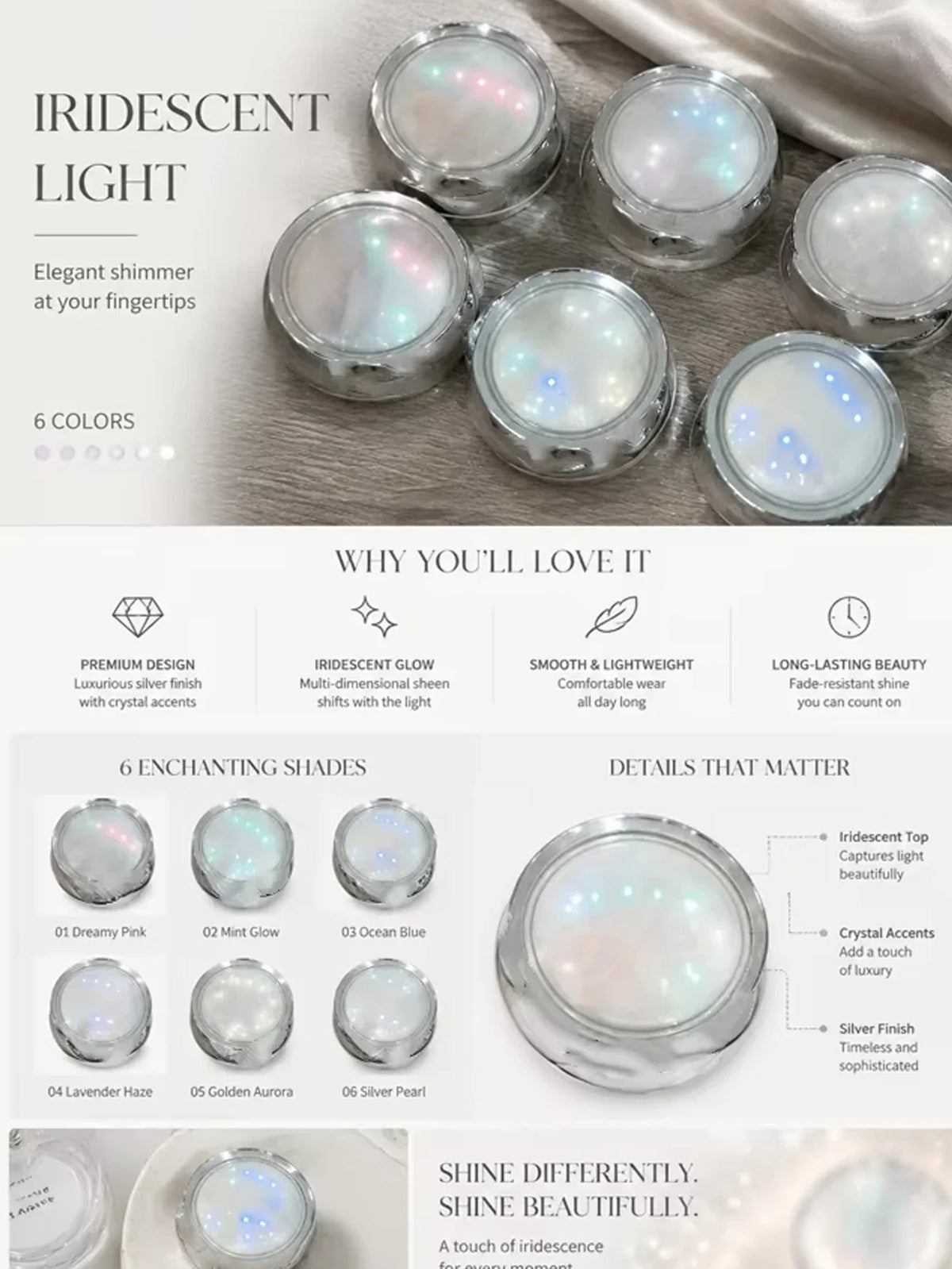 6-Piece Aurora Pearl Chrome Nail Powder Mirror Effect Pigment Chrome Nail Powder Qme