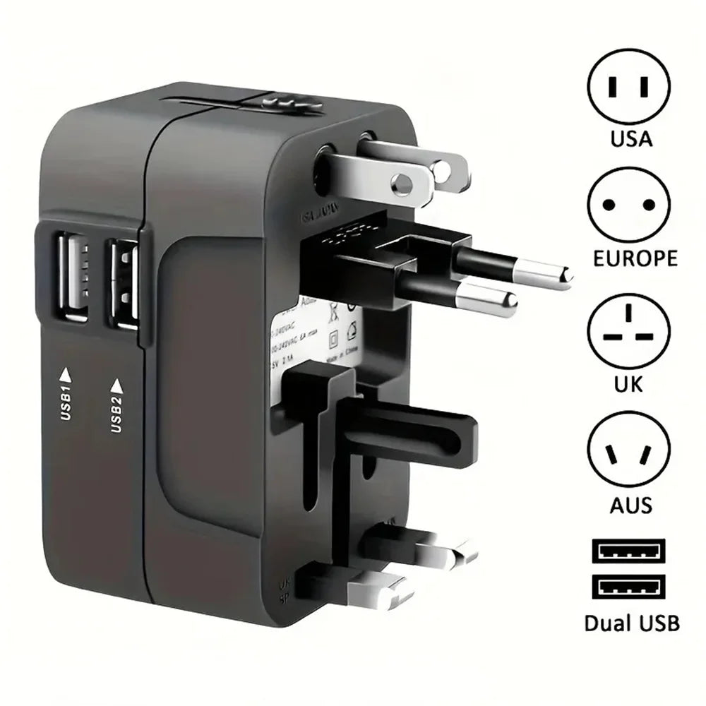 Universal Travel Adapter Dual USB & Type-C | 150+ Countries Travel Power Adapter Qme Black 2USB