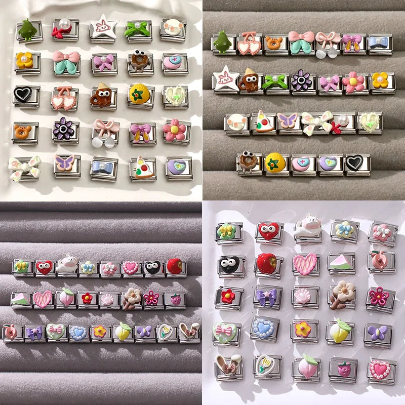 Italian Charm Links – Apple Sheep Cherry Bow Knot | 9mm Steel Italian Charm Links Qme