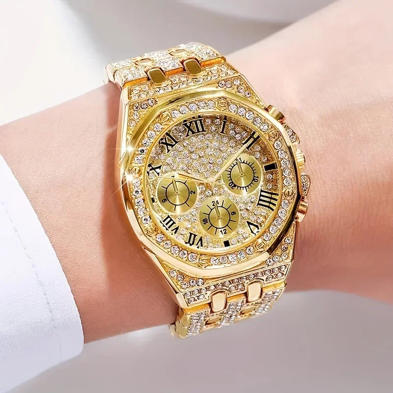 Men's Gold Plated Diamond Chronograph Watch & Cuban Bracelet Chronograph Watch Set Qme