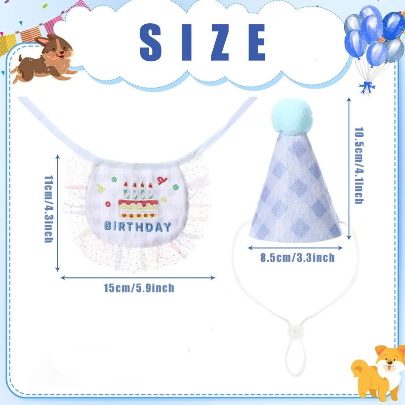 2-Piece Pet Birthday Hat & Scarf Set – Cute Embroidered Cat Pet Party Accessories Qme