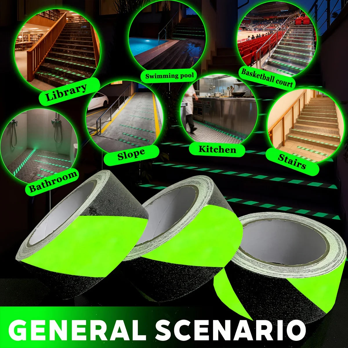 Glow in the Dark Anti-Slip Safety Tape | Luminous Green 5CM x 5M Anti-Slip Safety Tape Qme