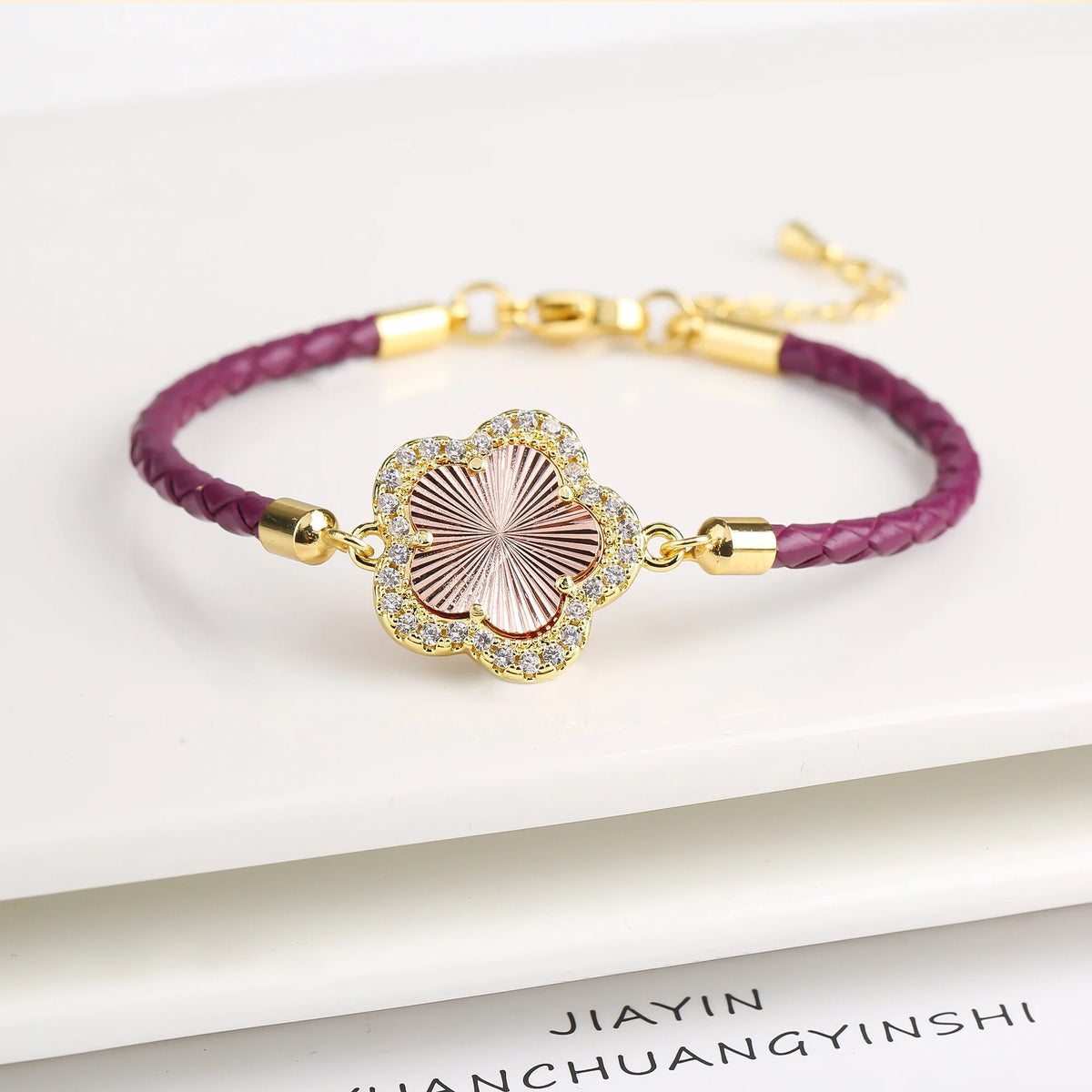 Zirconia Flower Leather Braided Bracelet for Women | 39 Colors