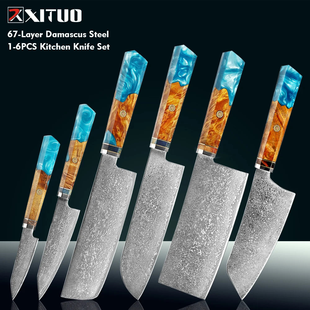 XITUO Damascus Steel Chef Knife Set – Sea Blue Resin Handle Chef Knife Set Qst