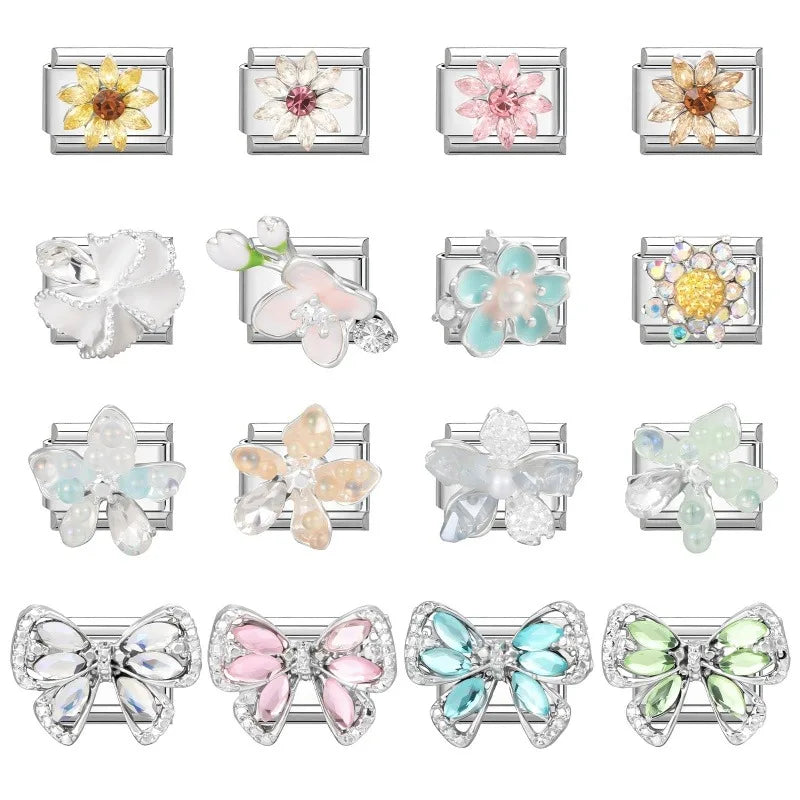 Zircon Bowknot Flower Italian Charm Links | Stainless Steel DIY Italian Charm Links Qme