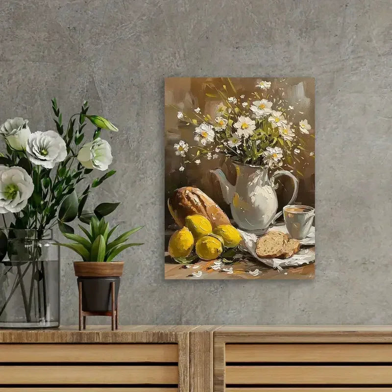 Modern Still Life Canvas Print – Daisies, Lemon & Coffee Wall Art Canvas Wall Art Qst